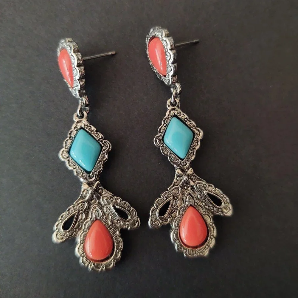 Coral and turquoise beaded earrings with silver base